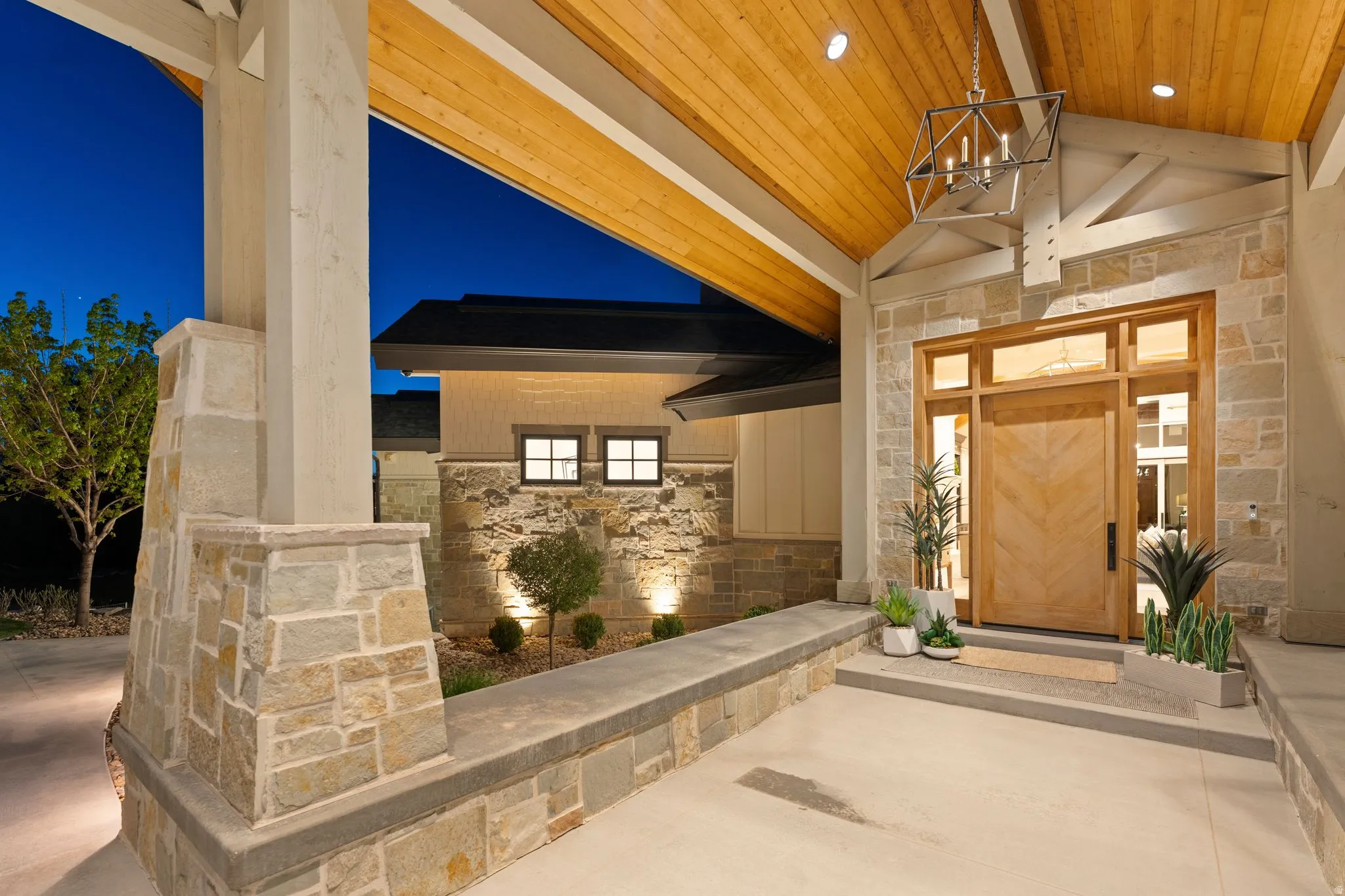 View of exterior entry at night