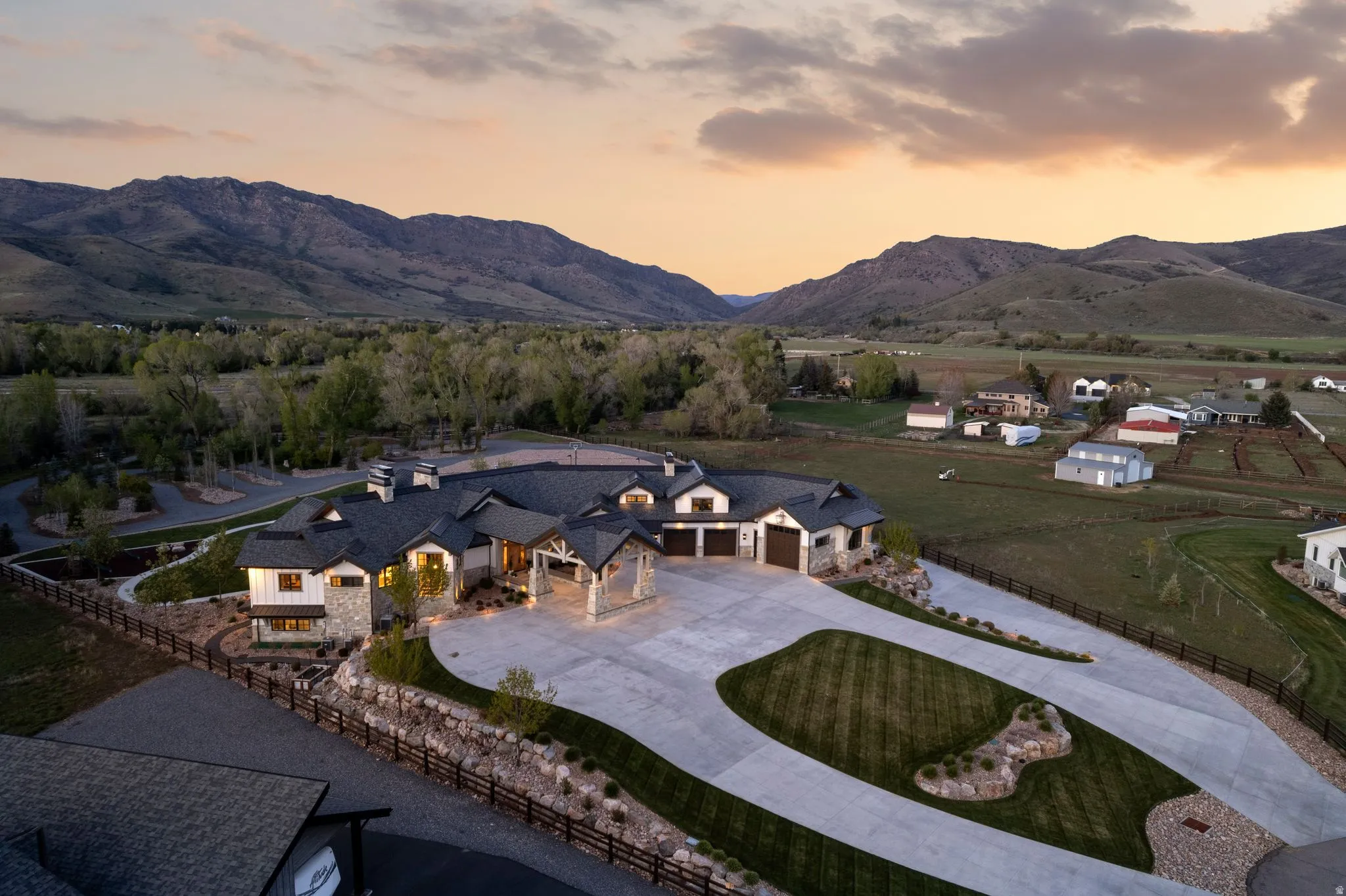 Aerial view at dusk of a mountain view