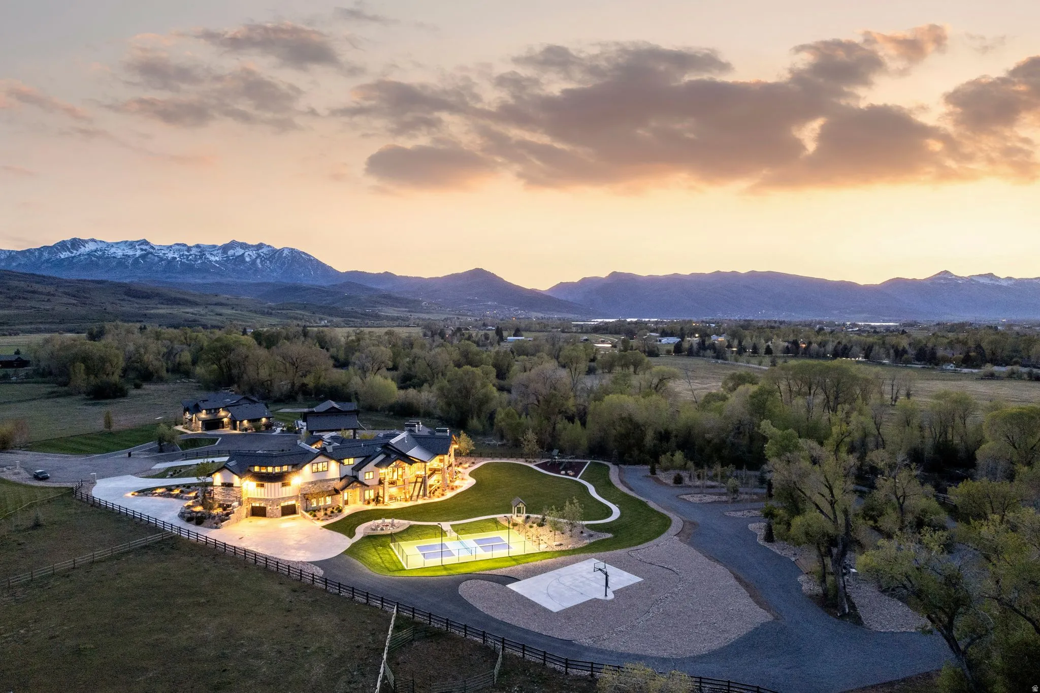 Aerial view at dusk of a mountain view