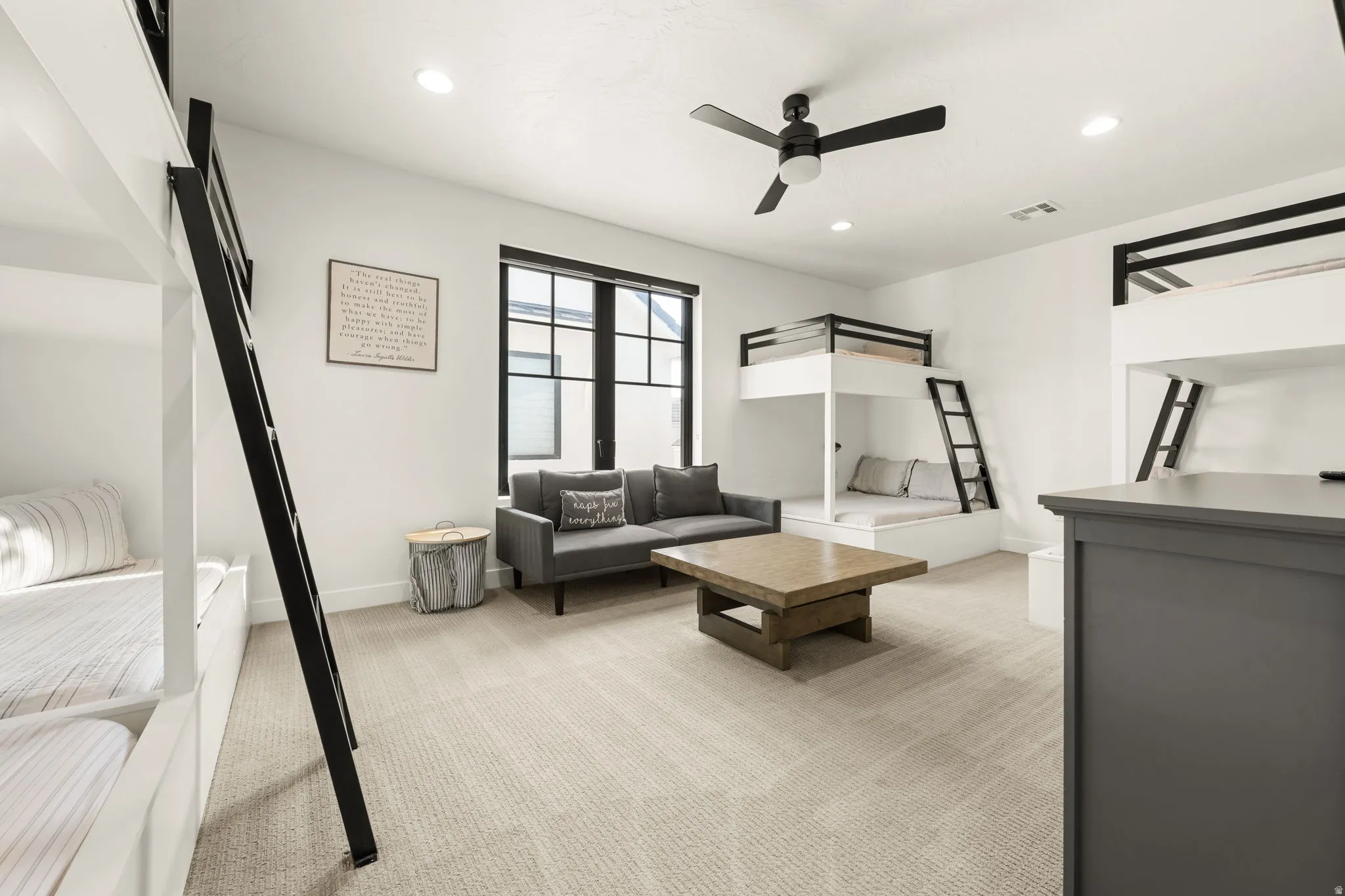 Bedroom featuring light carpet, recessed lighting, and ceiling fan