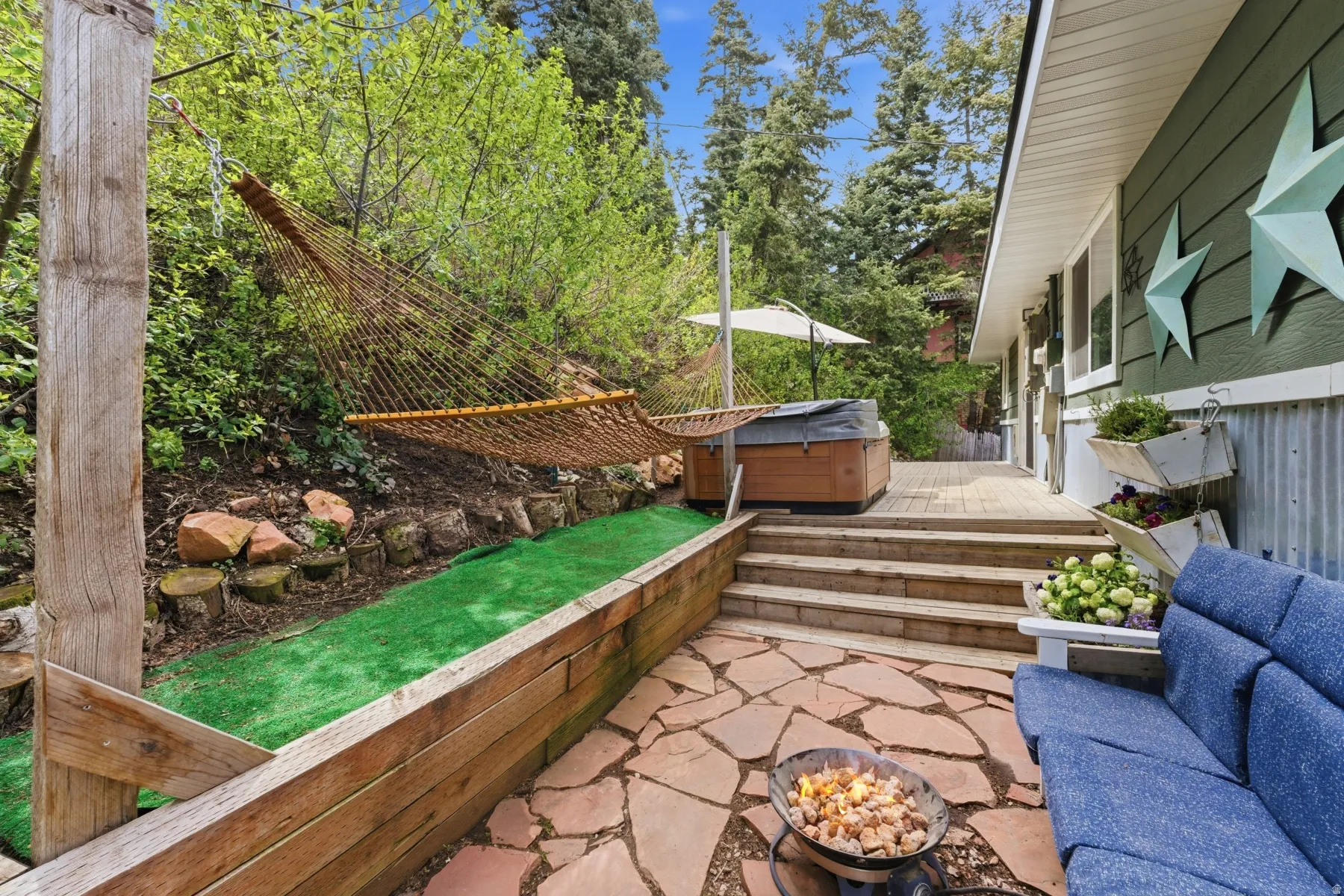 Fenced backyard with a hot tub and a deck