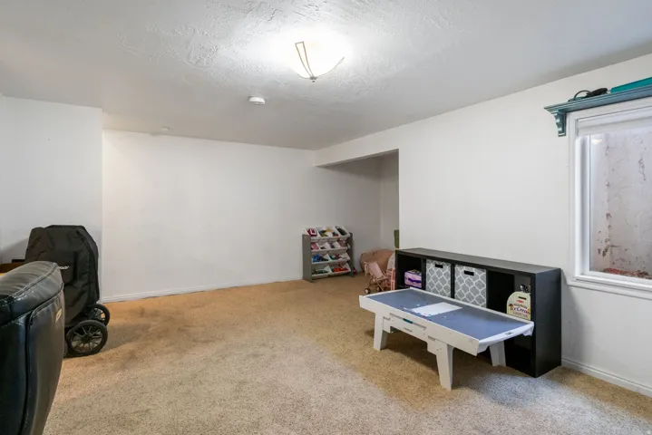 Recreation room with light carpet and a textured ceiling