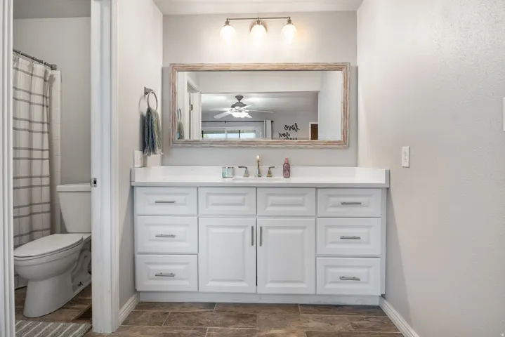 Bathroom featuring vanity, a shower with curtain, wood finish floors, and ceiling fan