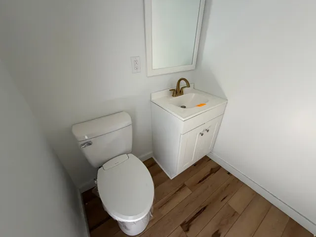 Bathroom featuring vanity and dark wood-type flooring