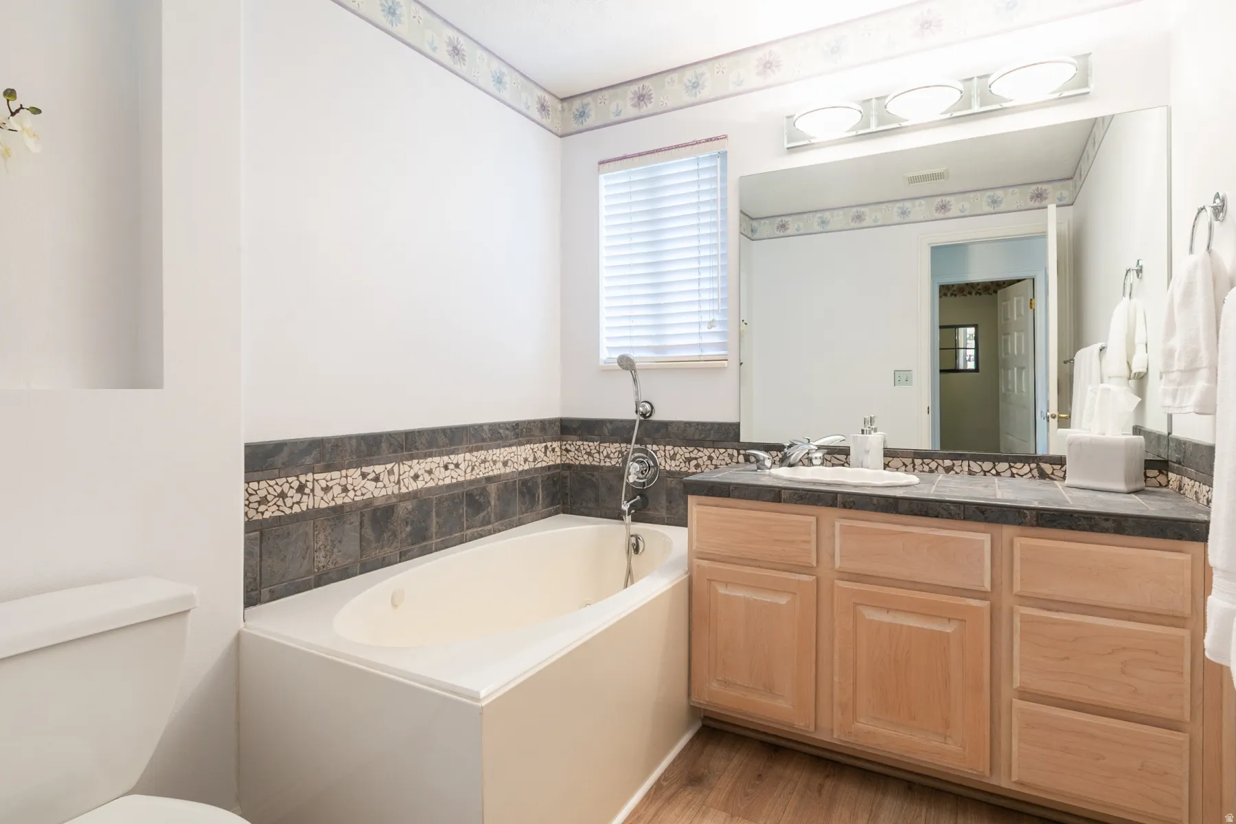 Bathroom featuring vanity and a garden tub
