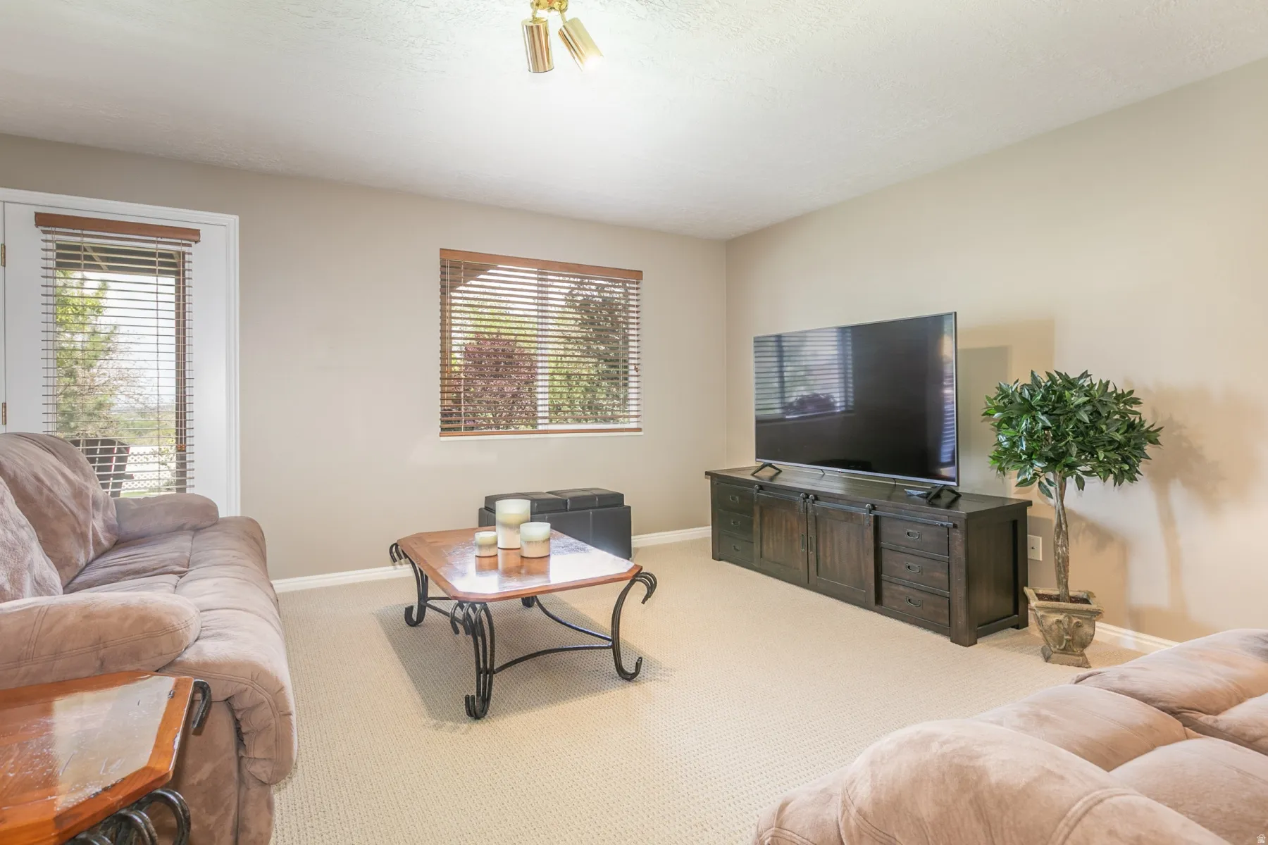 Family room featuring light carpet and walkout to backyard area.