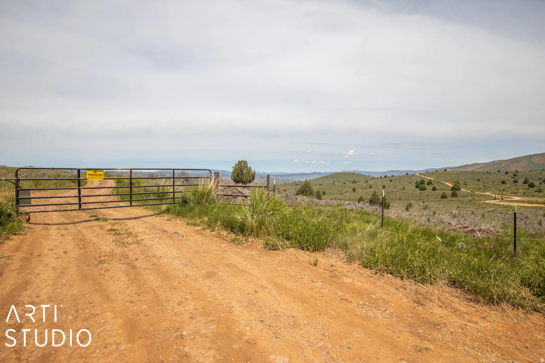 View of street with a rural view, a gated entry, a gate, and a mountain view
