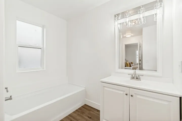 Full bathroom featuring vanity, dark wood-style floors, a bath, and connected bathroom
