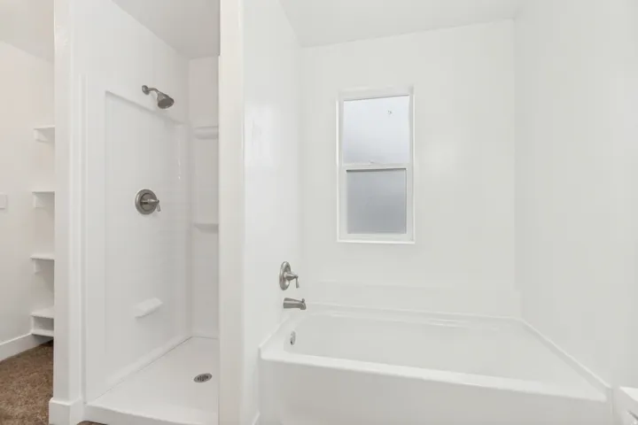 Bathroom with a bath, a stall shower, and a spacious closet
