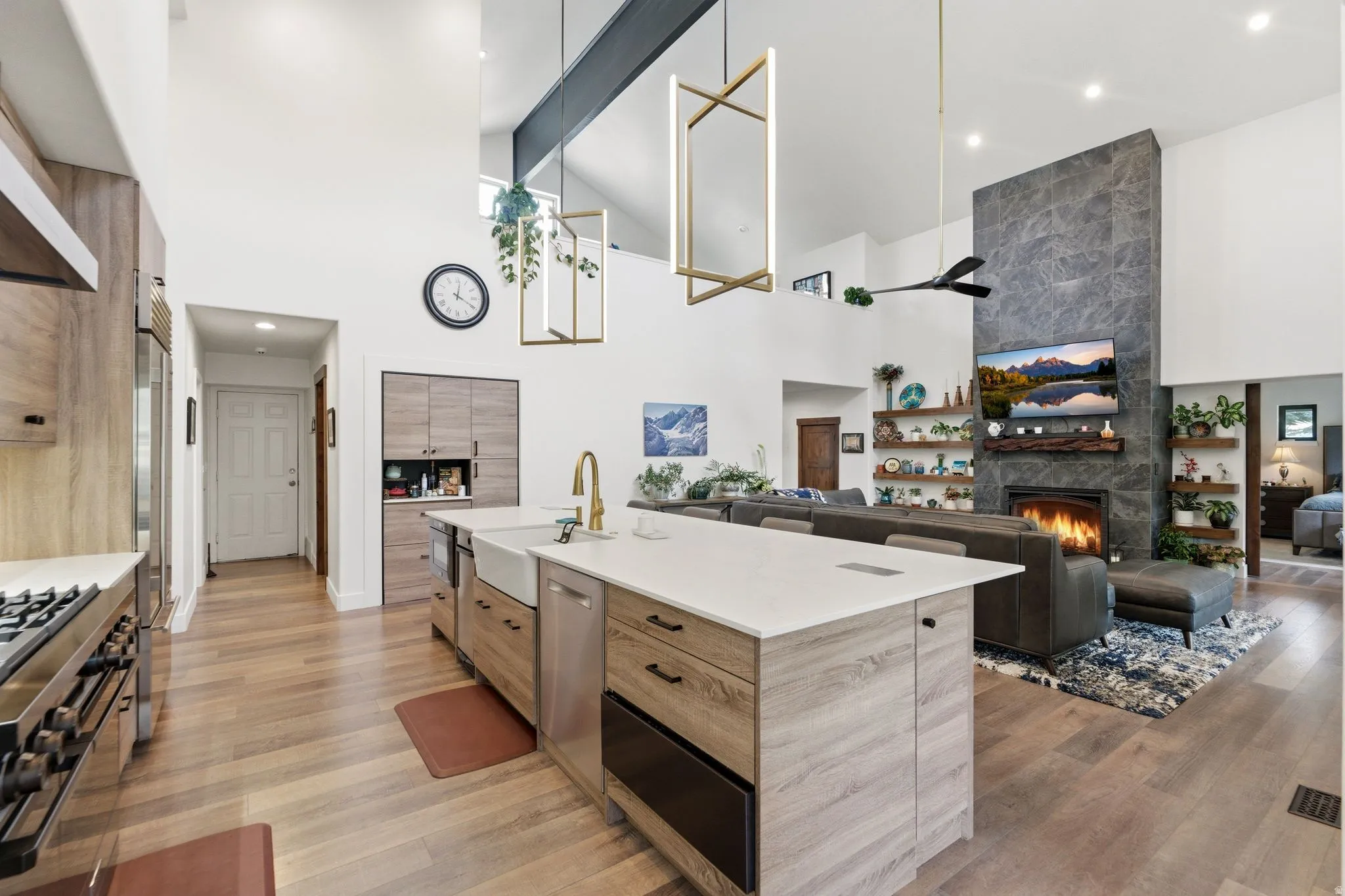 Kitchen with modern cabinets, a tile fireplace, light stone countertops, high end appliances, and open floor plan