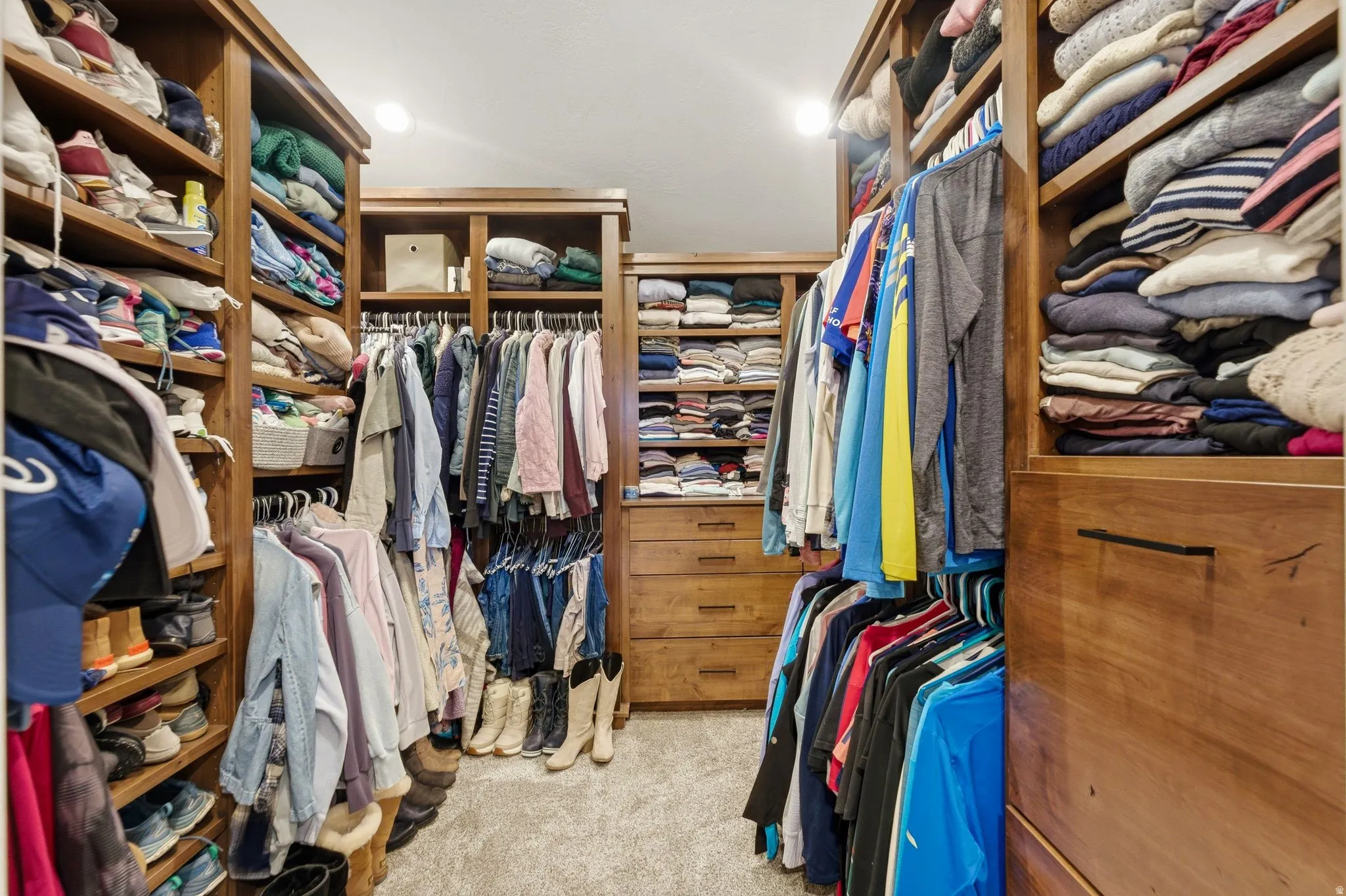 Walk in closet featuring light carpet
