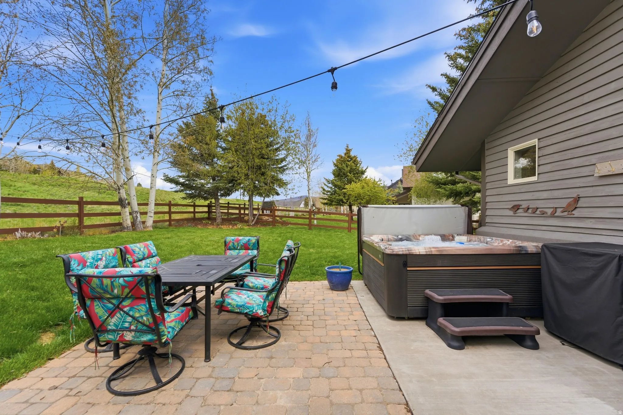 Fenced backyard with outdoor dining space, a hot tub, grilling area, and a patio