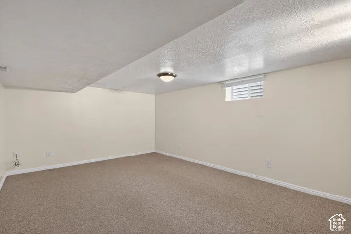 Below grade area with a textured ceiling and carpet flooring