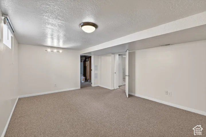 Finished below grade area with a textured ceiling and carpet floors