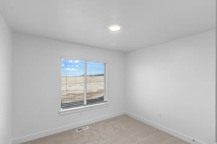 Unfurnished room with light colored carpet and baseboards