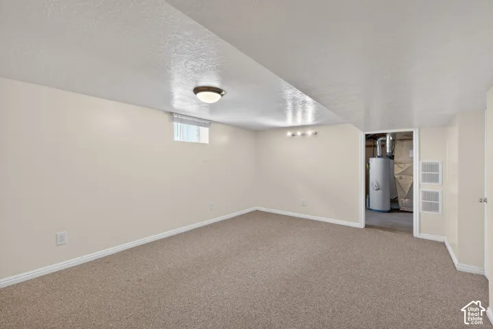 Below grade area featuring a textured ceiling, carpet floors, and water heater