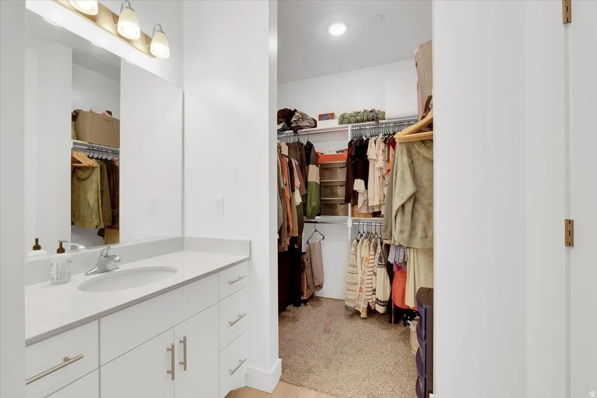 Bathroom featuring vanity, a walk in closet, and light wood-type flooring