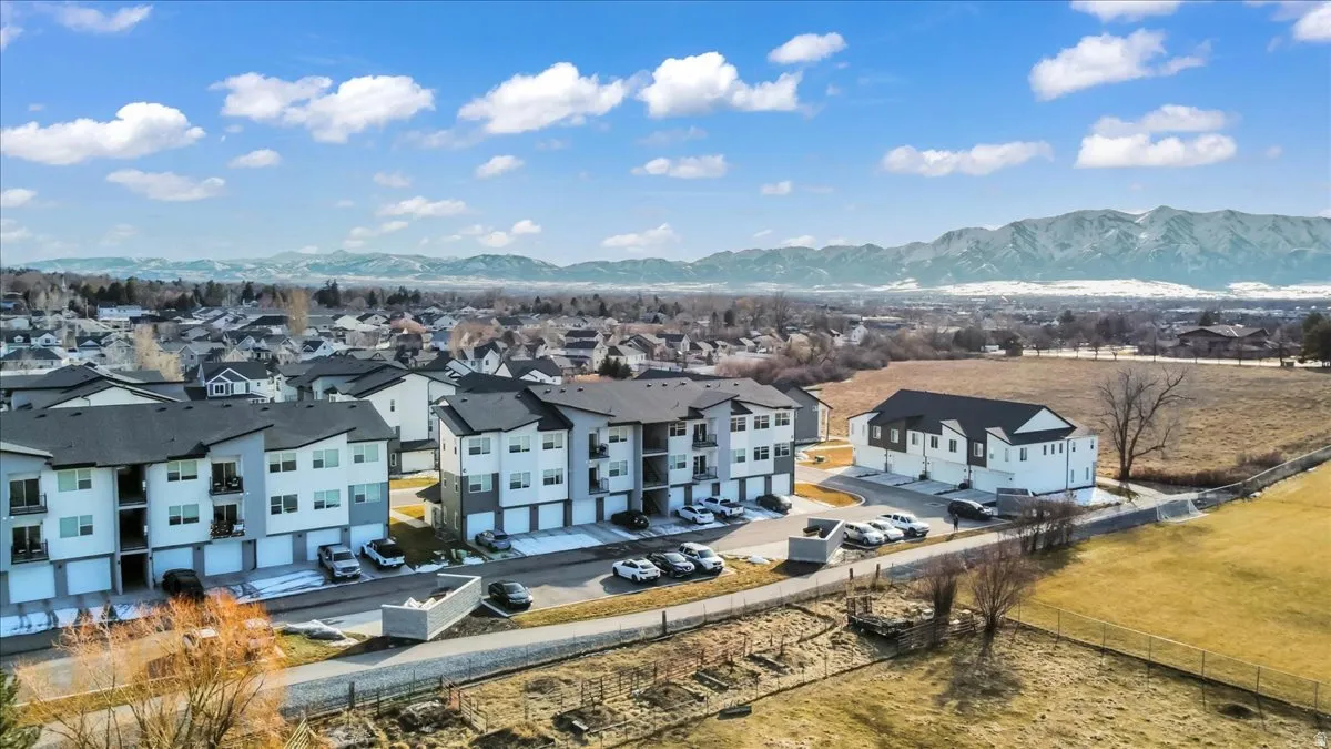 Aerial perspective of suburban area with mountains