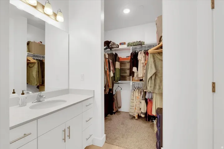 Bathroom featuring vanity, a walk in closet, and light wood-type flooring