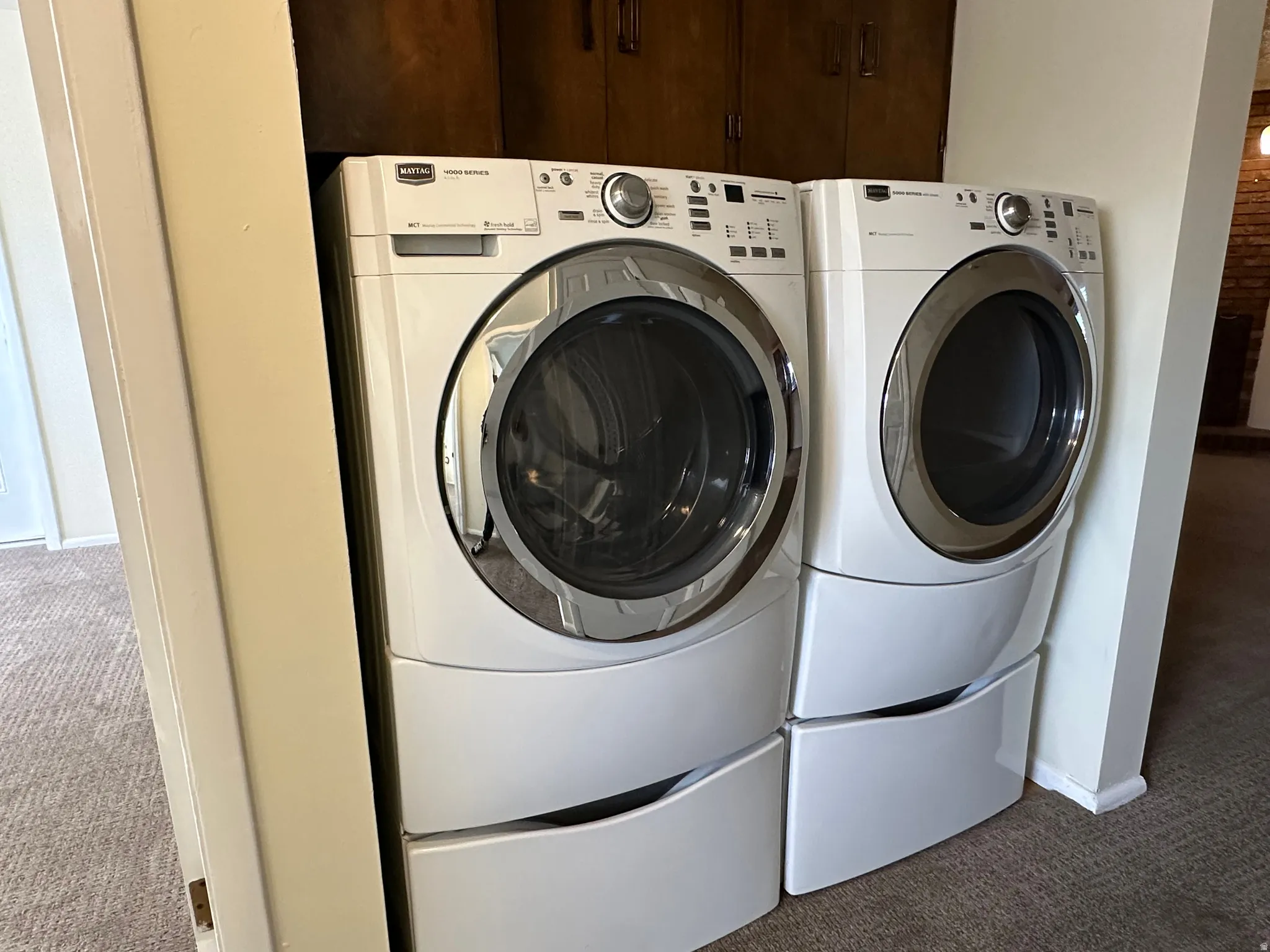 Laundry area featuring carpet and independent washer and dryer