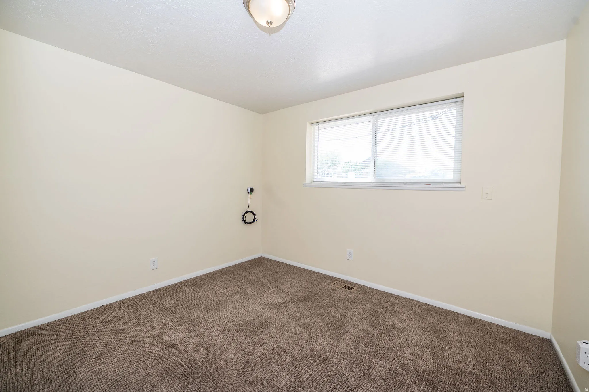 Neutral-toned walls complement the textured carpet flooring