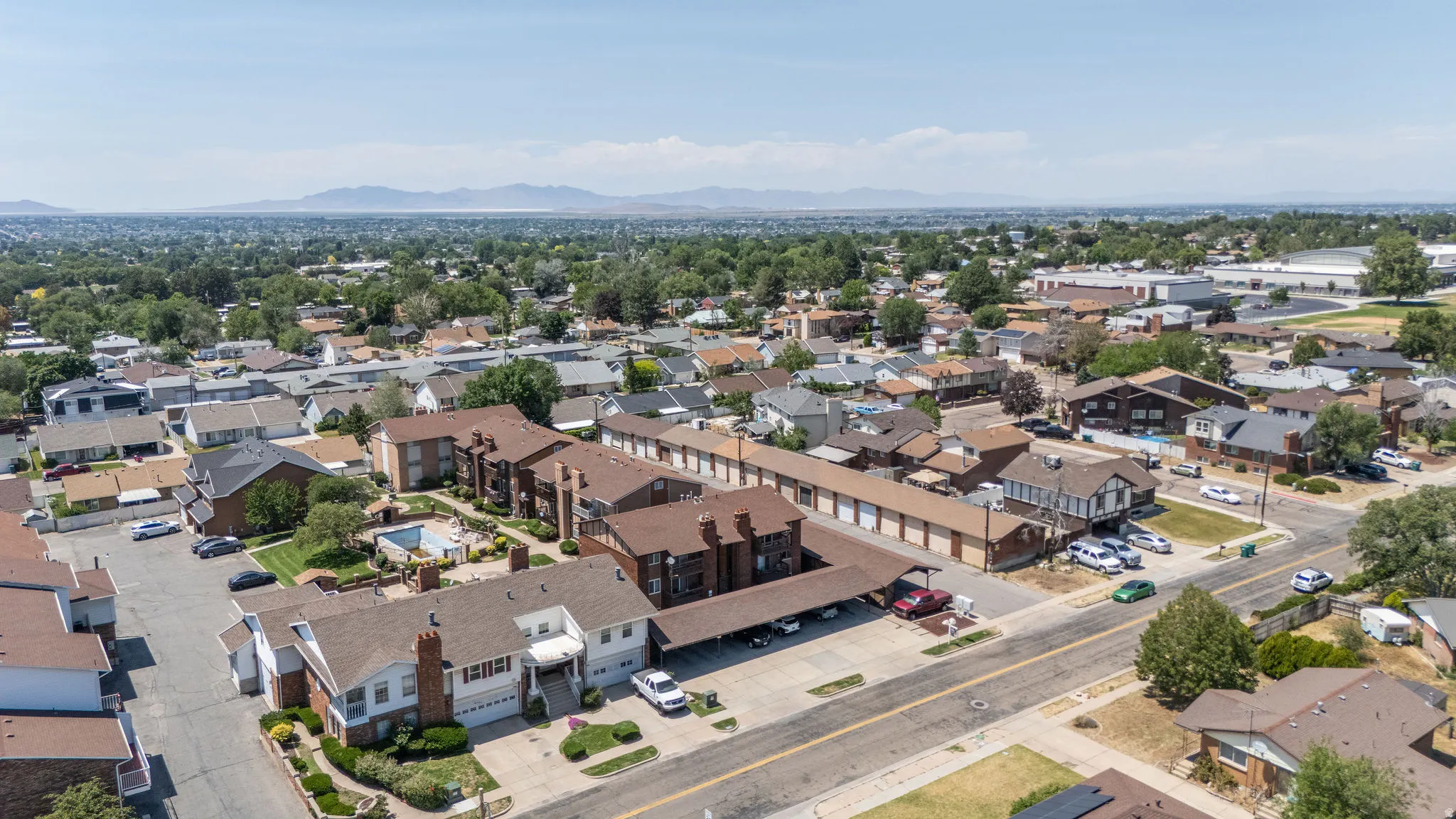 Aerial perspective showcasing a residential community with varied architectural styles