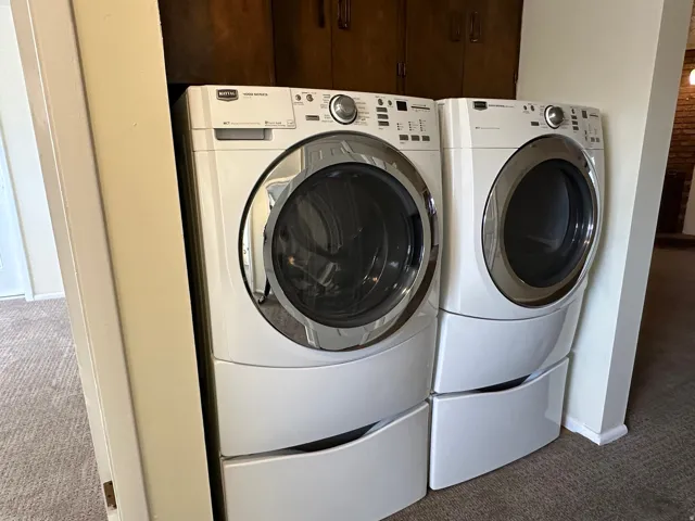 Laundry area featuring carpet and independent washer and dryer