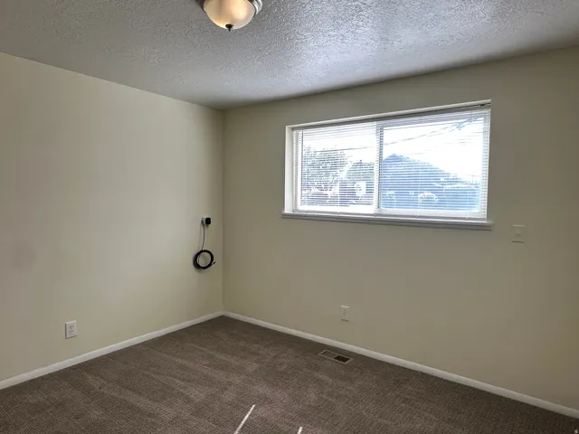 Spare room with a textured ceiling and dark colored carpet
