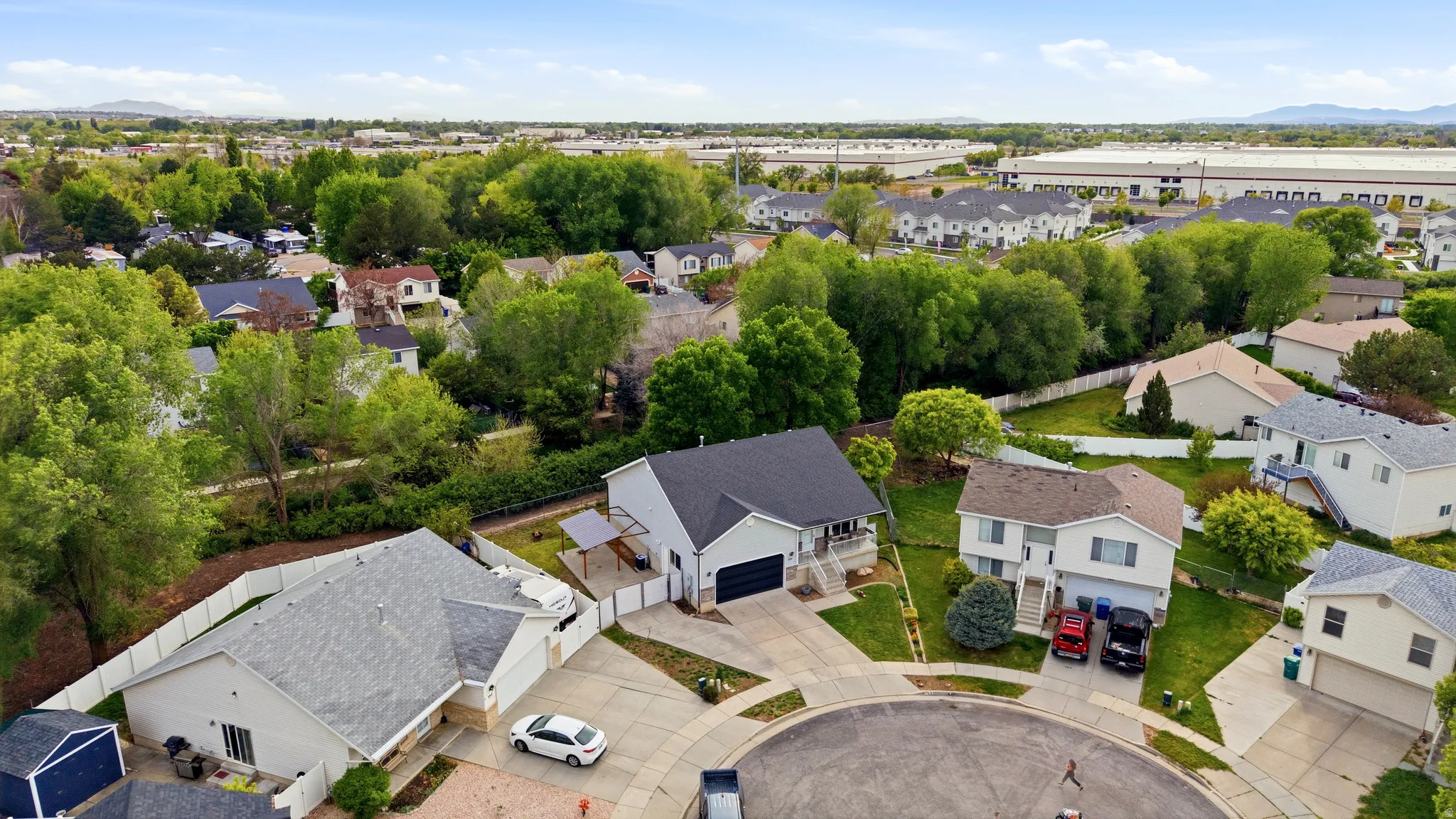 Aerial view of residential area with mountains