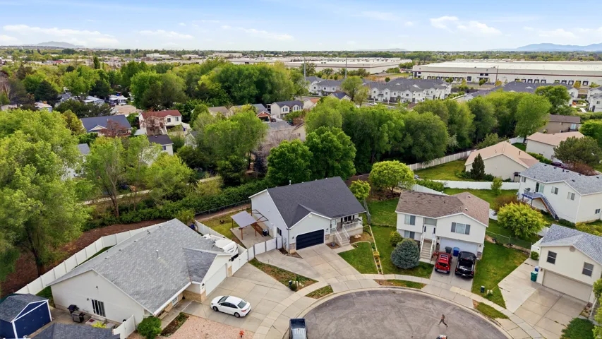 Aerial view of residential area with mountains