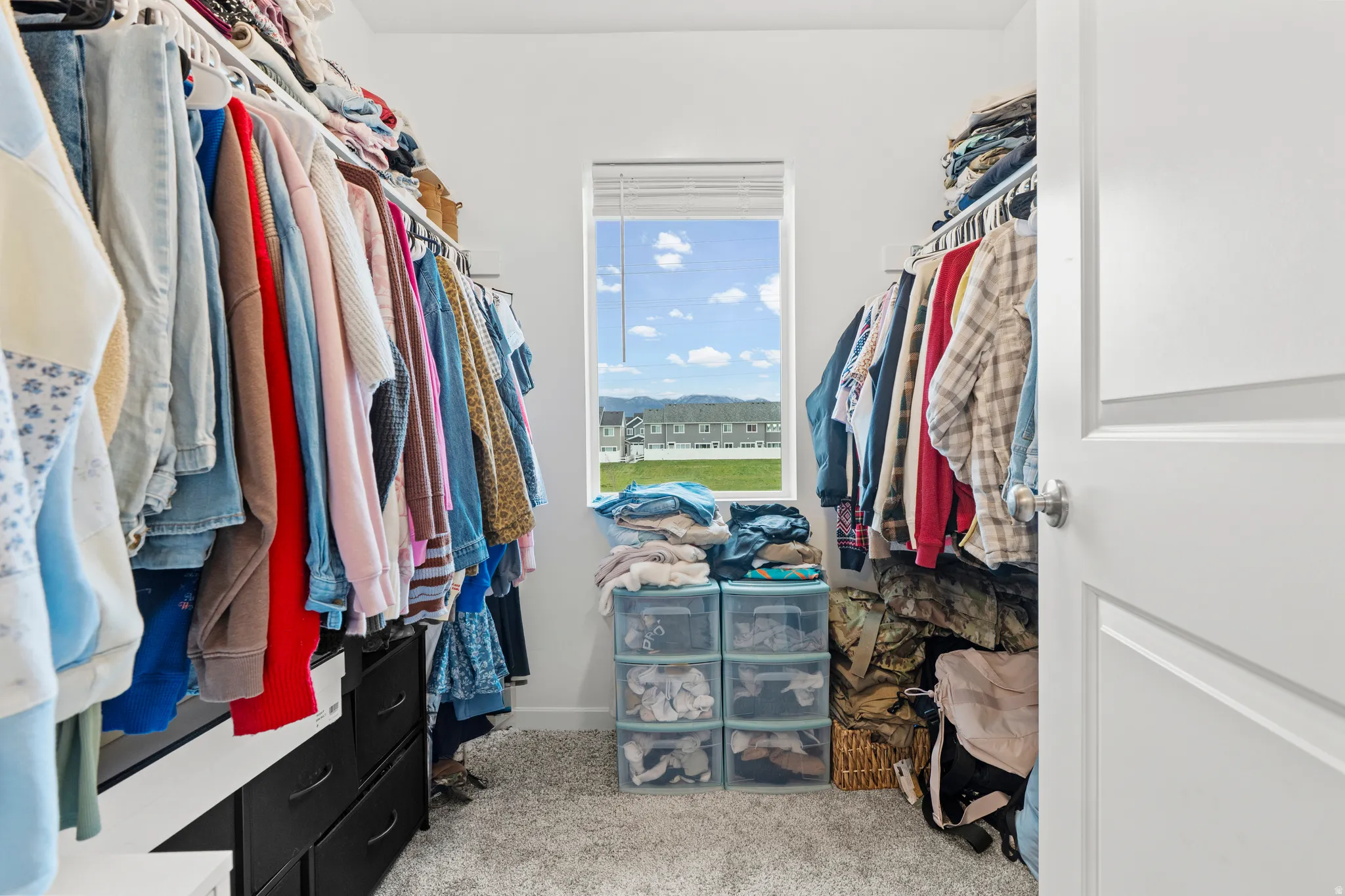 Walk in closet featuring light carpet