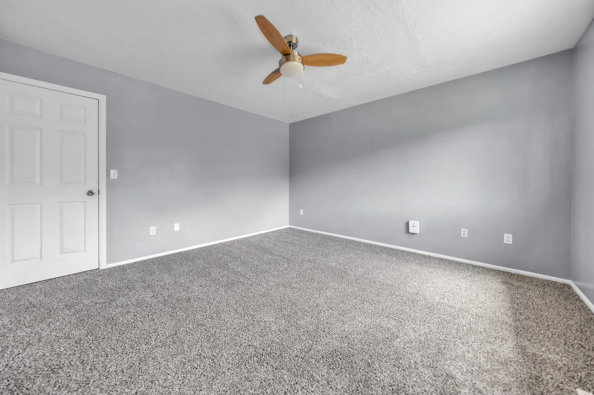 Spacious room featuring neutral gray wall paint, textured carpeting, a multi-blade ceiling fan, white baseboards, and a paneled white door
