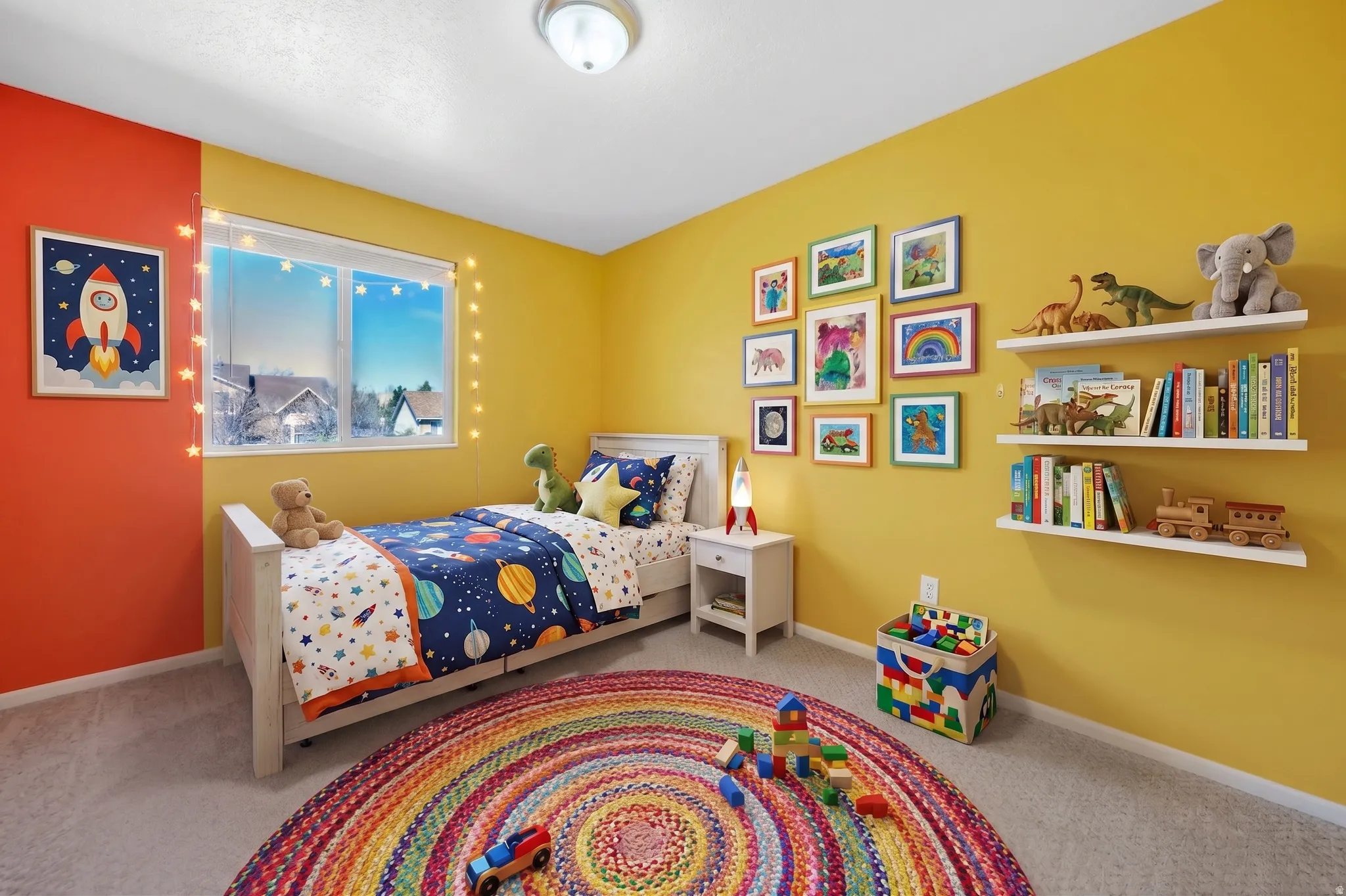 Bedroom with light carpet and baseboards