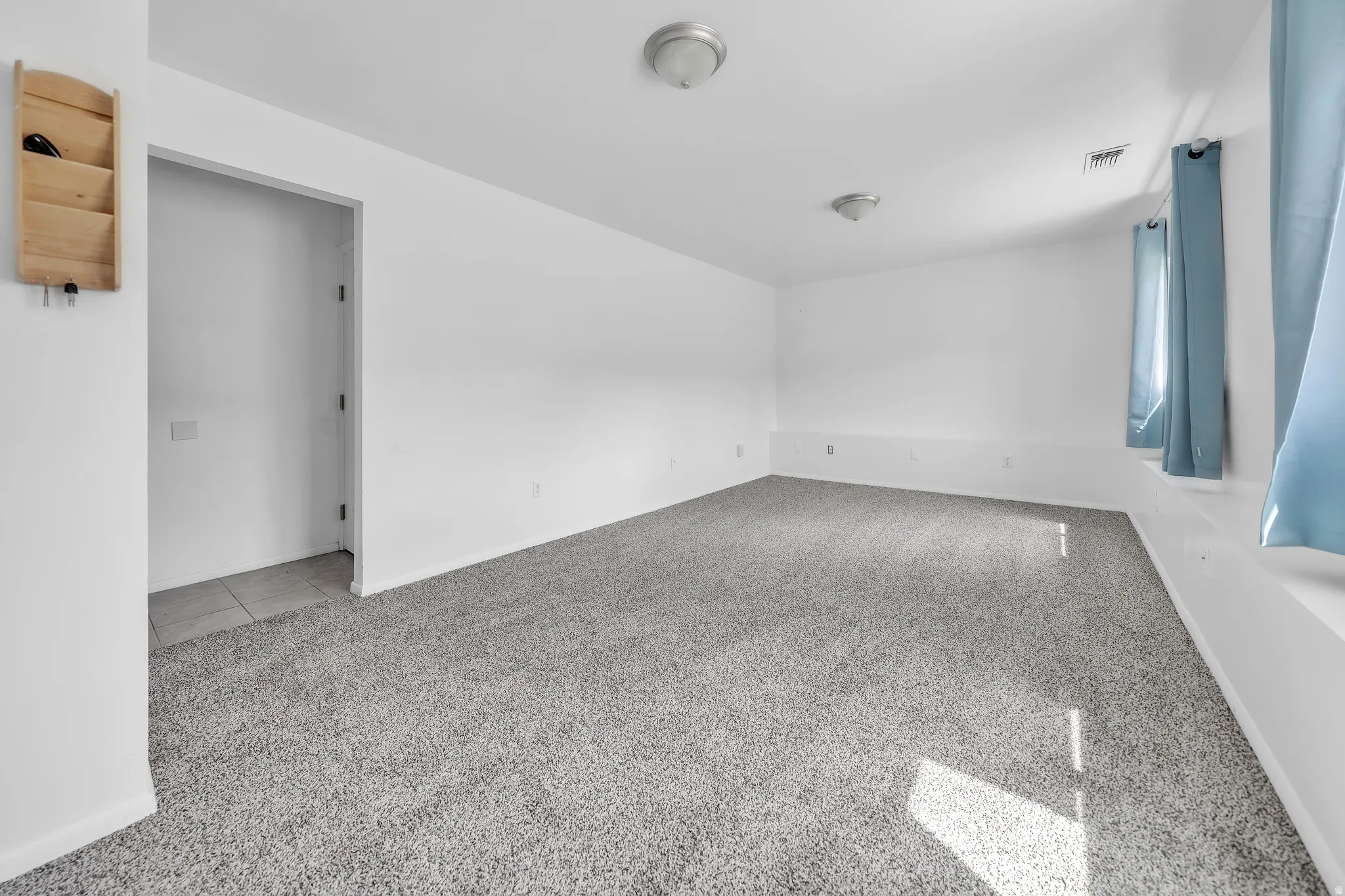 Spacious interior room featuring light gray carpeting, white walls, and two ceiling-mounted dome light fixtures
