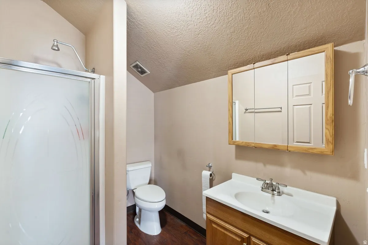 Bathroom featuring vanity, a stall shower, and dark wood-style flooring