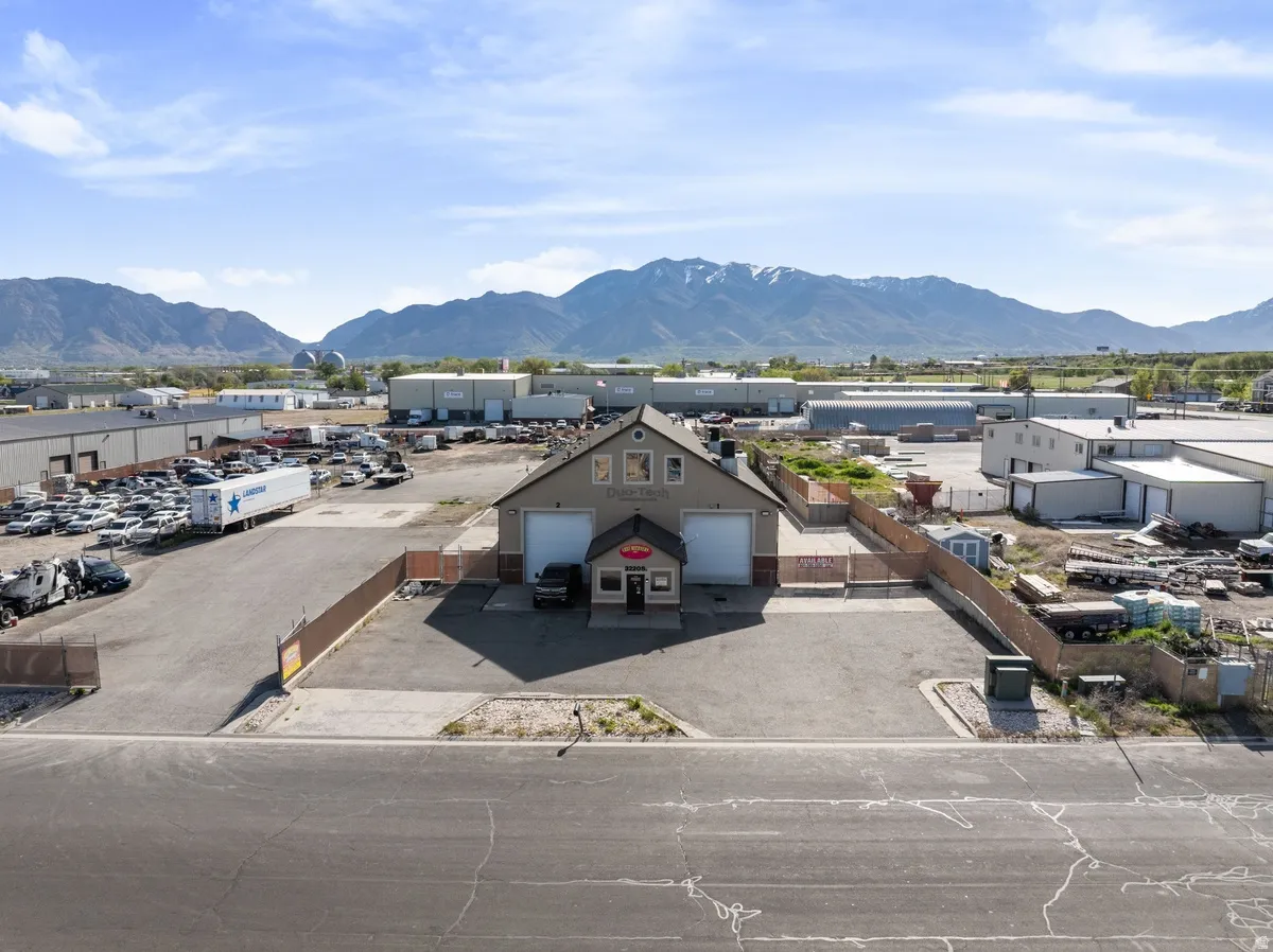Bird's eye view of mountains and an industrial area