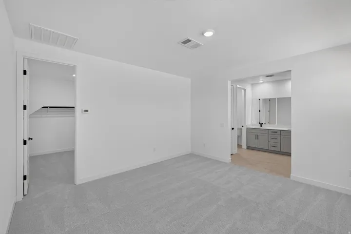 Spacious room featuring light grey carpeting, white walls, a built-in closet with shelving, and an en-suite bathroom with a double vanity and light wood-finish flooring