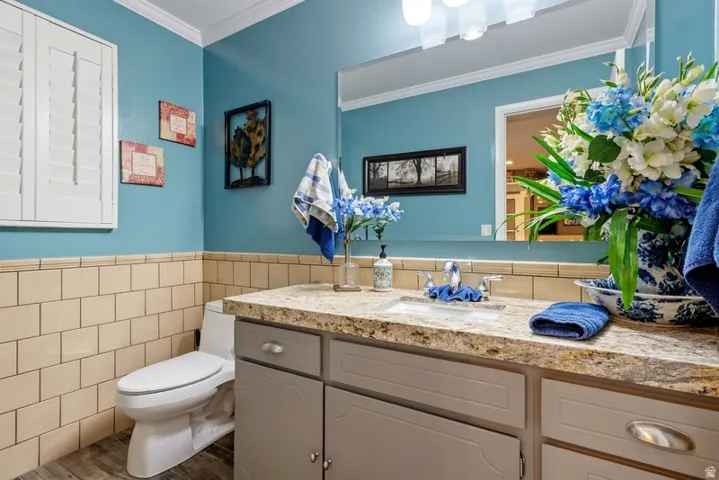 Half bath with tile walls, vanity, crown molding, and a wainscoted wall