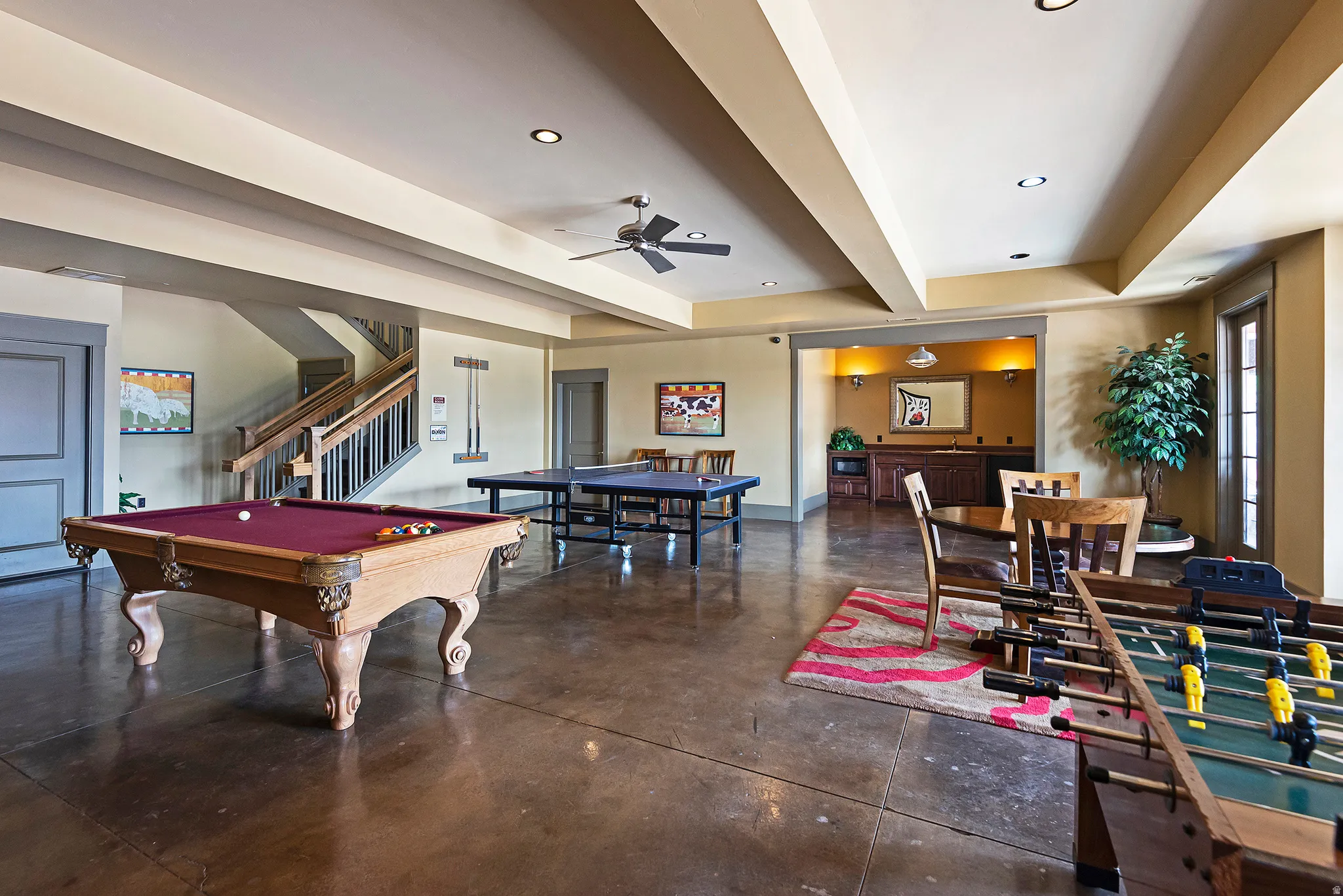 Rec room featuring ceiling fan, recessed lighting, pool table, and beam ceiling