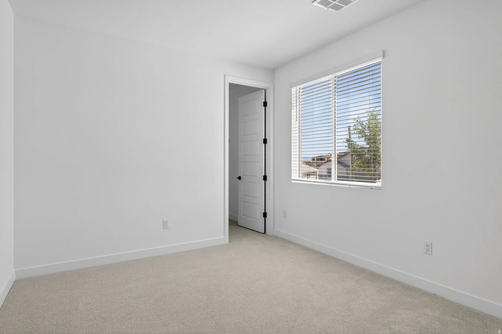 Unfurnished room with light carpet and baseboards