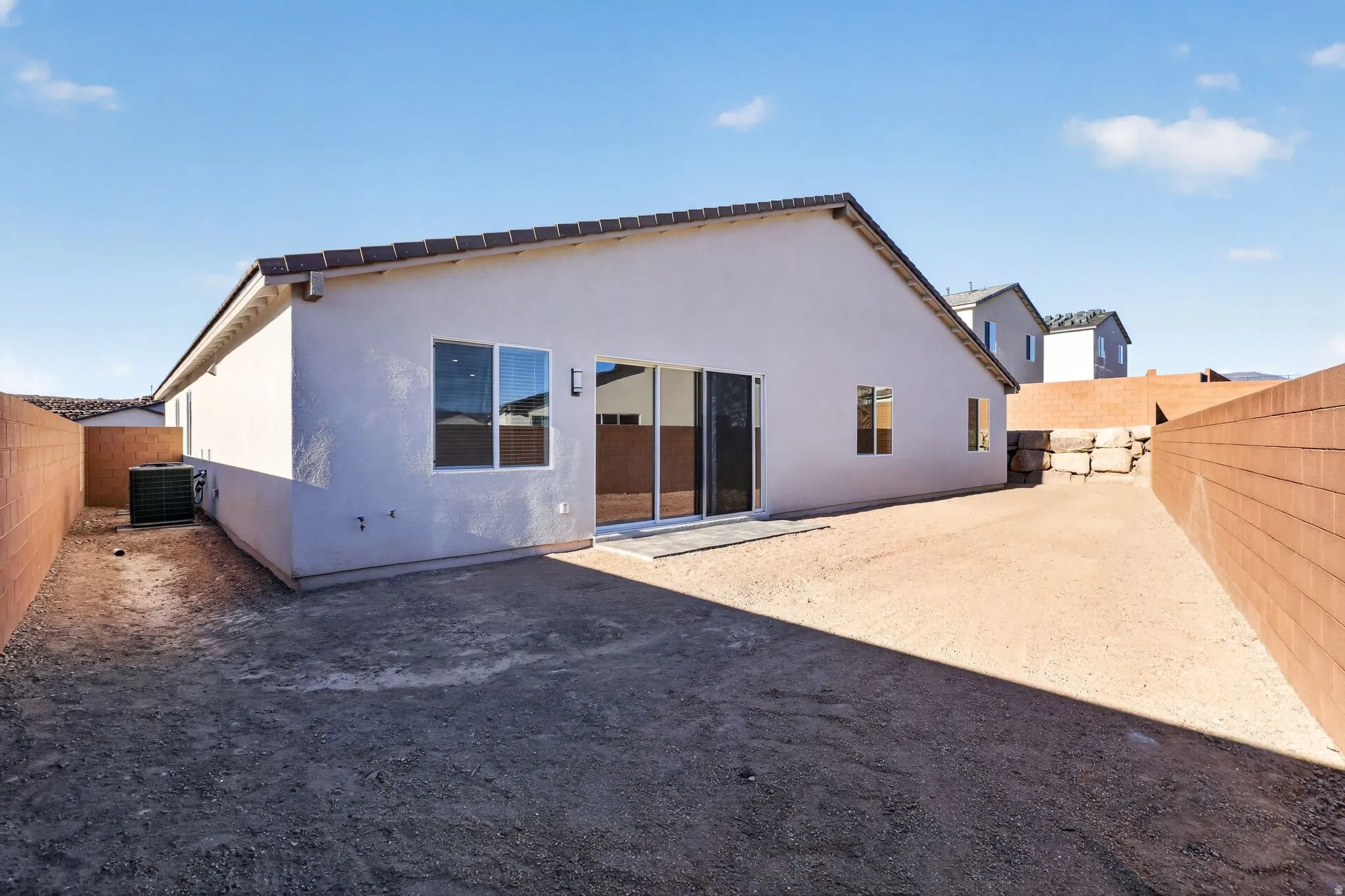 Back of property with a fenced backyard and stucco siding