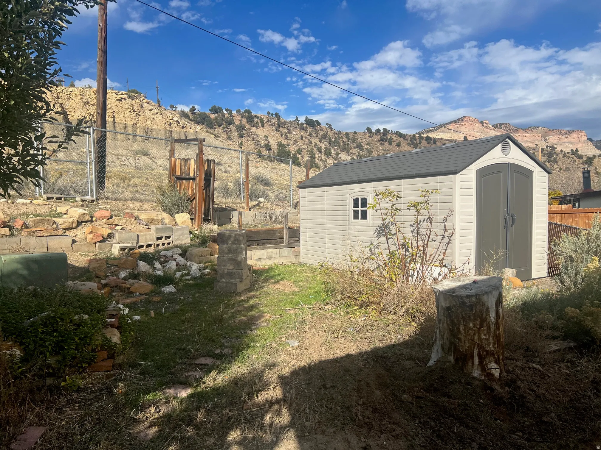 View of yard with a storage unit and a mountain view