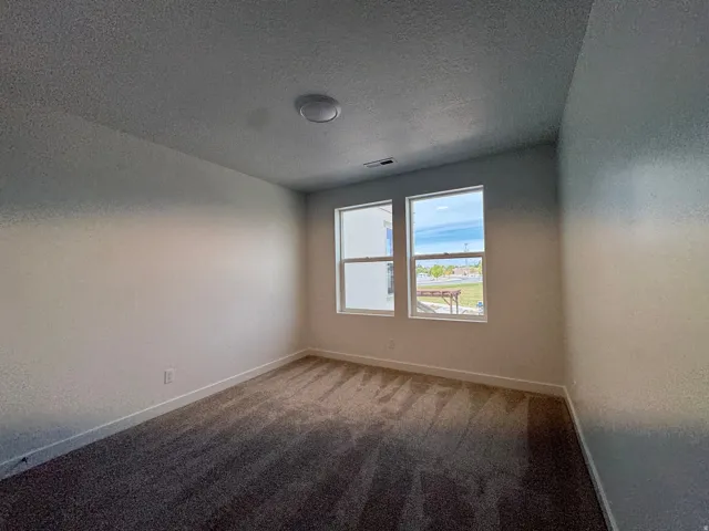 Carpeted spare room with a textured ceiling and a textured wall