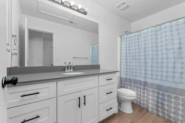 Full bathroom with vanity, a shower with curtain, and light wood finished floors