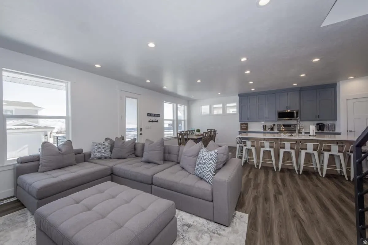 Open living, kitchen, dining