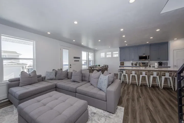 Open living, kitchen, dining