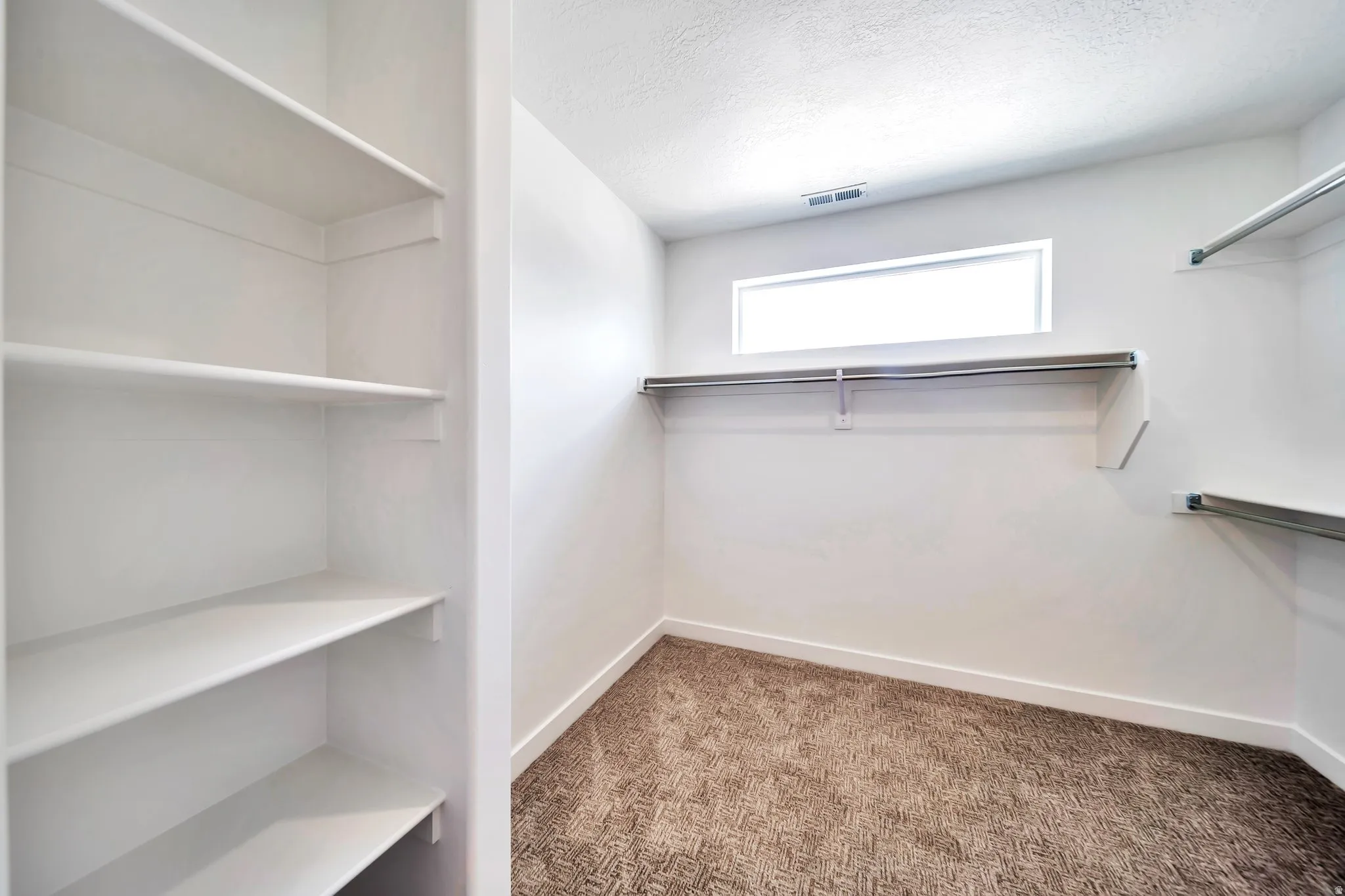 Walk in closet featuring light colored carpet