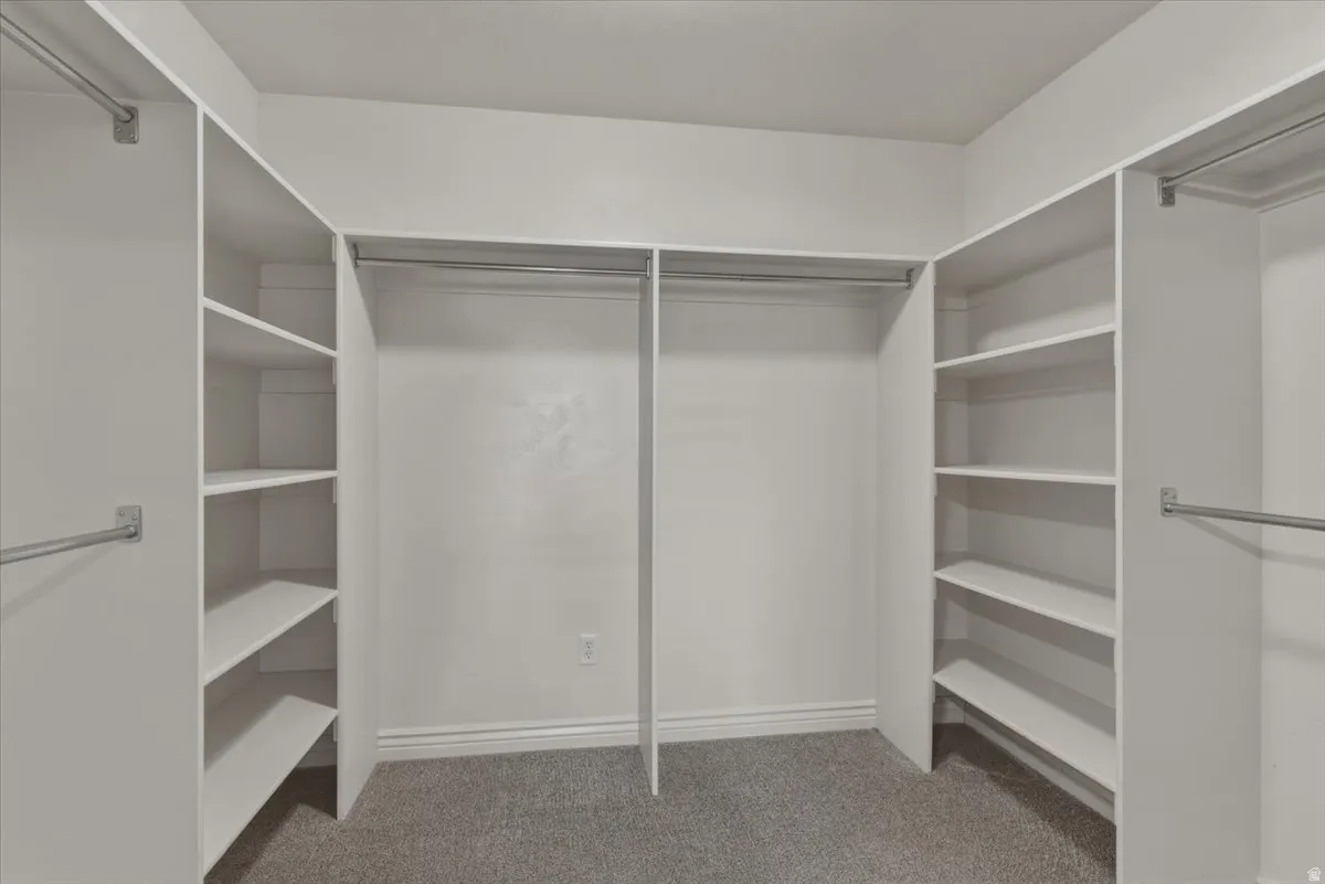 Walk in closet with light colored carpet