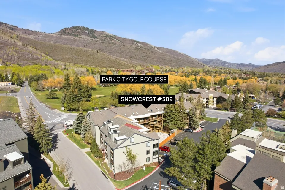 Aerial perspective of suburban area featuring a mountain backdrop