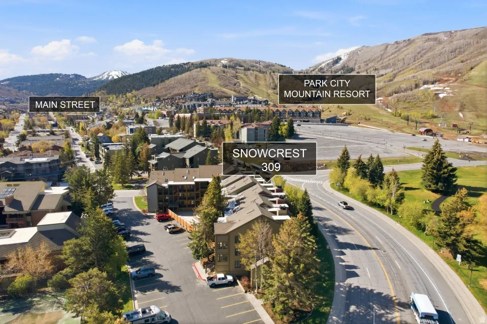 Aerial view of property and surrounding area with a mountainous background